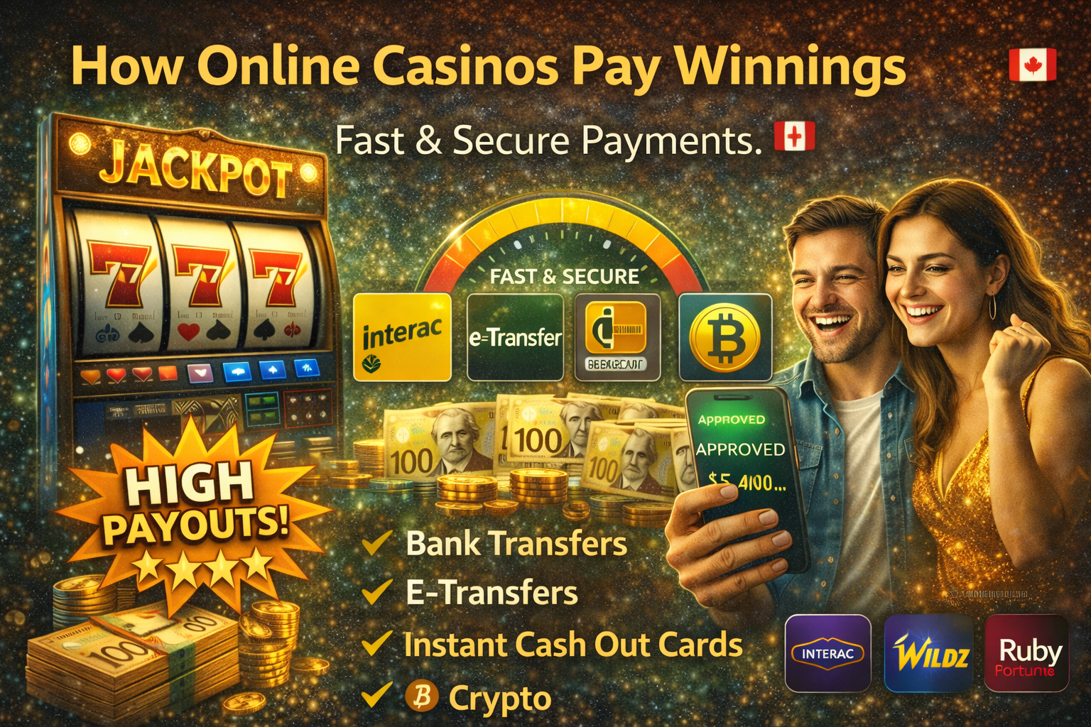 A guide on how online casinos pay winnings in Canada featuring a smartphone and Canadian dollars
