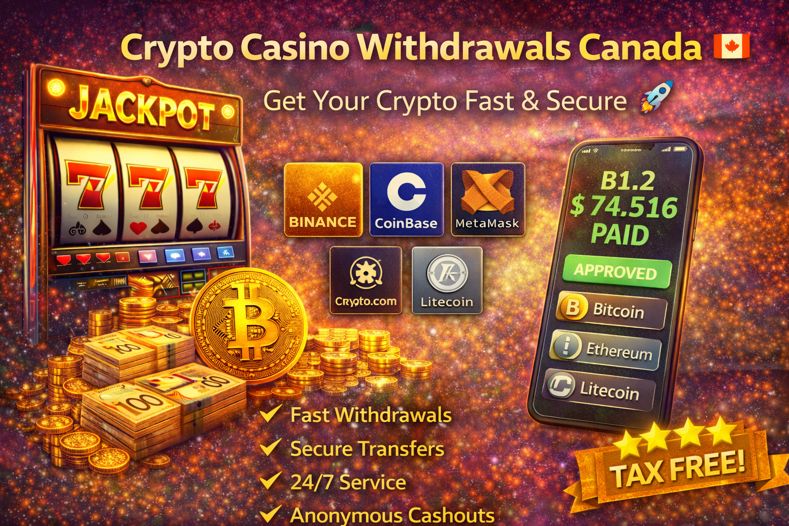 A digital representation of crypto casino withdrawals canada with Bitcoin coins and a smartphone